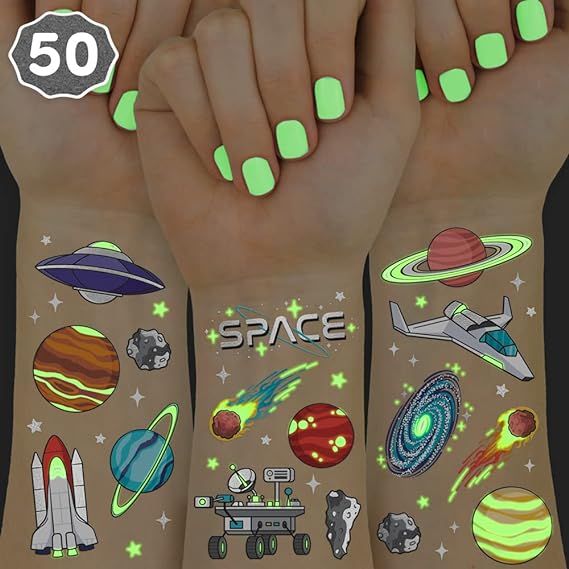 xo, Fetti Space + Planets Glow in Dark Temporary Tattoos for Kids - 50 pcs | Alien Birthday Party... | Amazon (US)