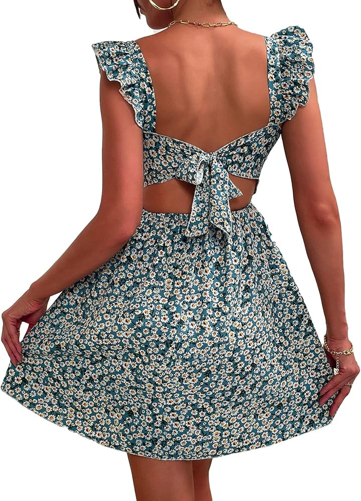 Romwe Women's Cute Tie Back Ruffle Strap A Line Fit and Flare Flowy Short Dress | Amazon (US)