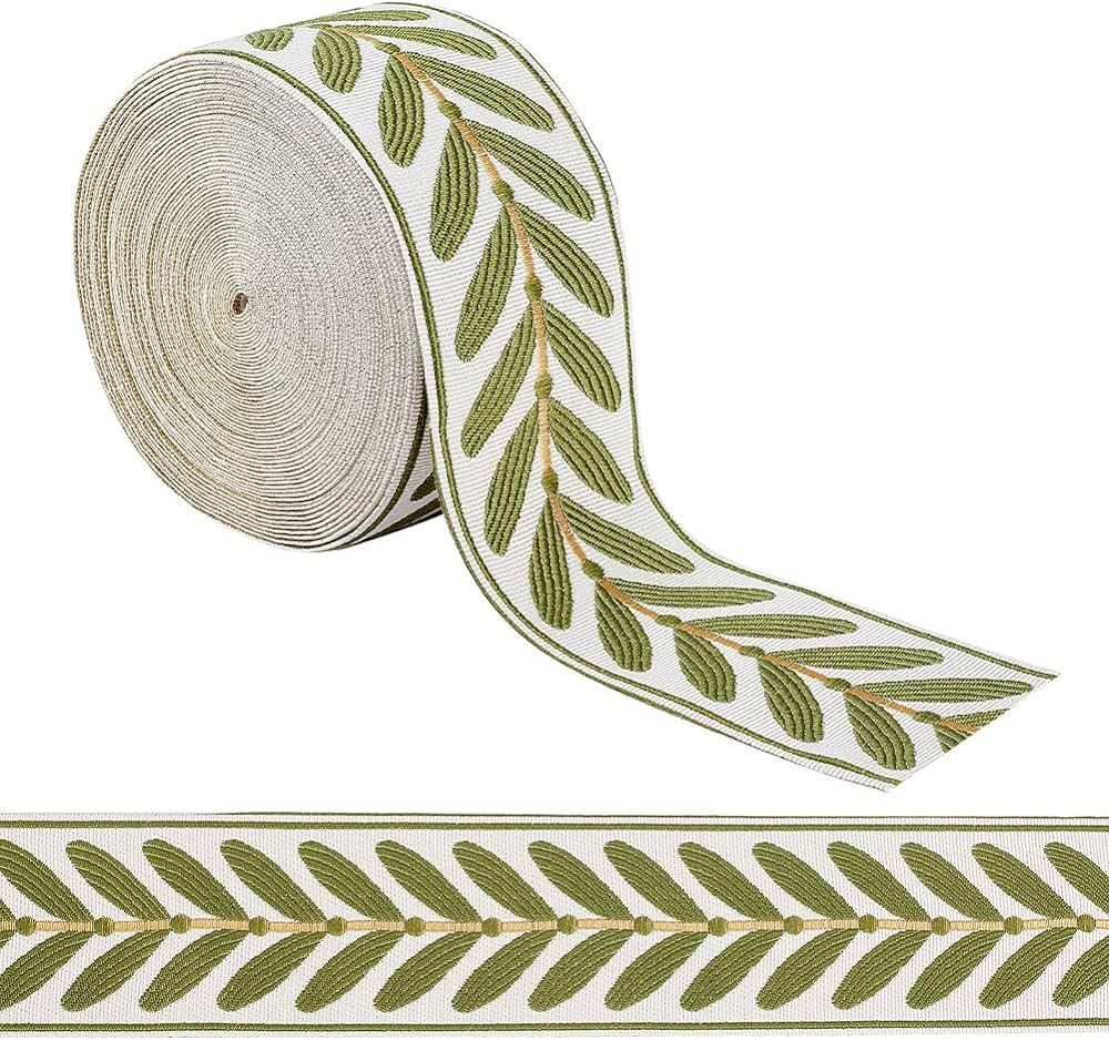 OLYCRAFT 10.9Yards Jacquard Ribbon Trim 2.4 Inch Leaf Pattern Jacquard Polyester Ribbons White Gr... | Amazon (US)
