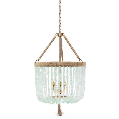 Ro Sham Beaux Malibu Coastal Clear Recycled Glass Beads Brass Hardware Chandelier - 18" | Kathy Kuo Home