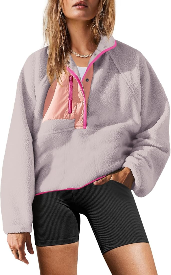Yanekop Womens Fuzzy Fleece Pullover Sherpa Sweatshirt Long Sleeve Button Down Sweater Jacket wit... | Amazon (US)