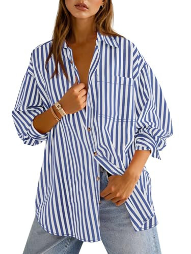 Cicy Bell Womens Oversized Striped Button Down Shirts Boyfriend Long Sleeve Collared Work Blouses Blue | Amazon (US)