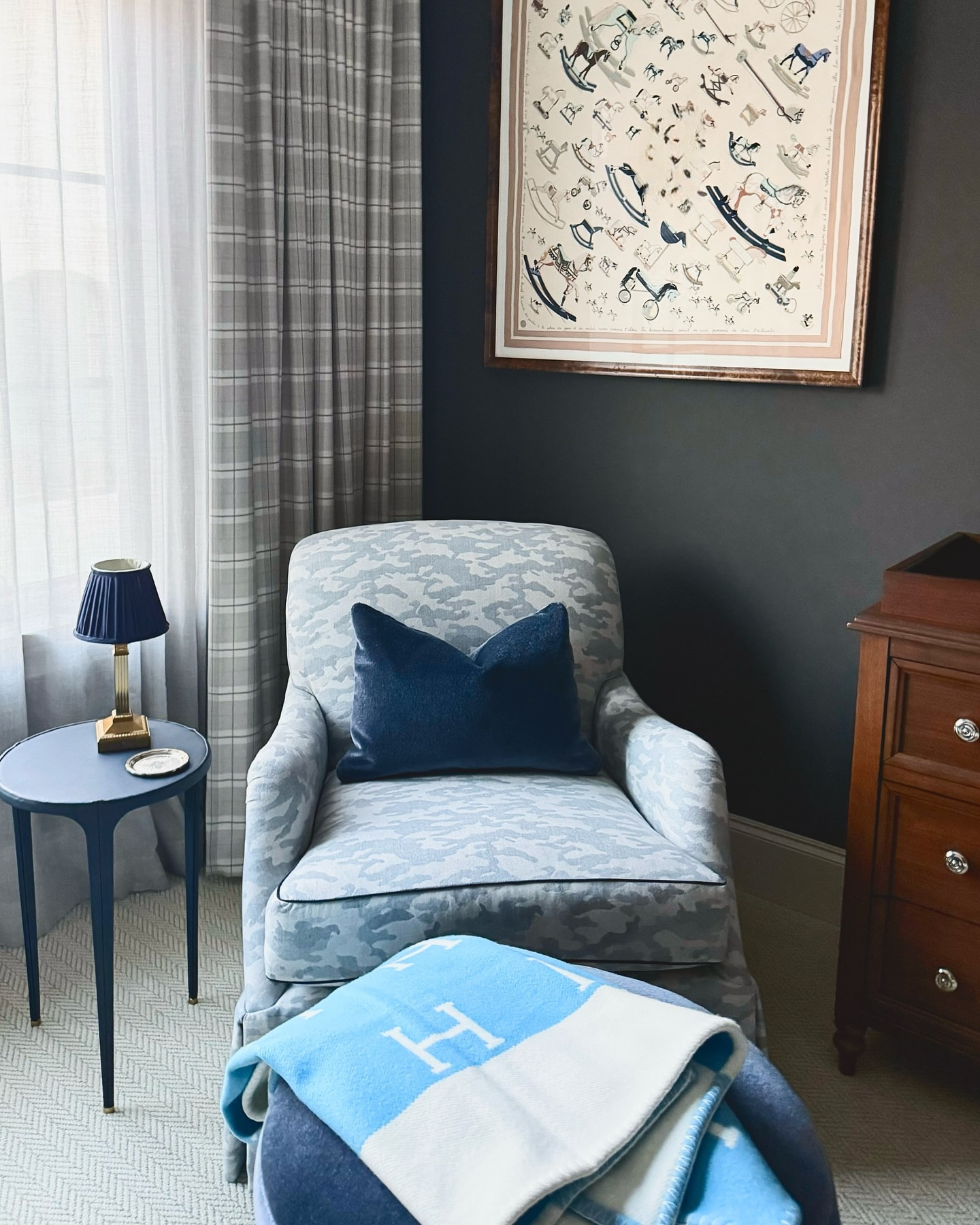 The coziest nursery! We love the cordless lamp - even though it’s LED and wireless it still has a classic and traditional look with a real pleated silk shade. We also selected wood furniture pieces to make the space feel traditional, this walnut changing table doubles duties as a dresser as the child grows. For extra softness and comfort choose natural fiber fabrics like wool or 100% cotton whenever possible. 

#boynursery #home #customframing #boynurserydecor #framing #interiors #hermes #sherwinwilliams #babyroom #homedecor #home #hermesscarf #homedesign #interior #nurserydesign #kidsroom #hermessilk #interiordesign #nurseryideas #nurserydecor

#LTKBump #LTKKids #LTKBaby