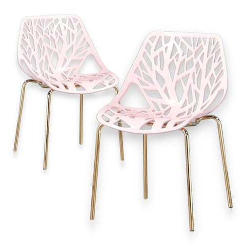 Pozbee Rose Pink Dining Chairs Set of 2, Modern Birch Sapling Style Chairs for Dining Room, Hotels, Restaurants Indoor Outdoor, Elegant Pink Kitchen Chairs with Gold Legs (2, Rose Pink) | Amazon (US)