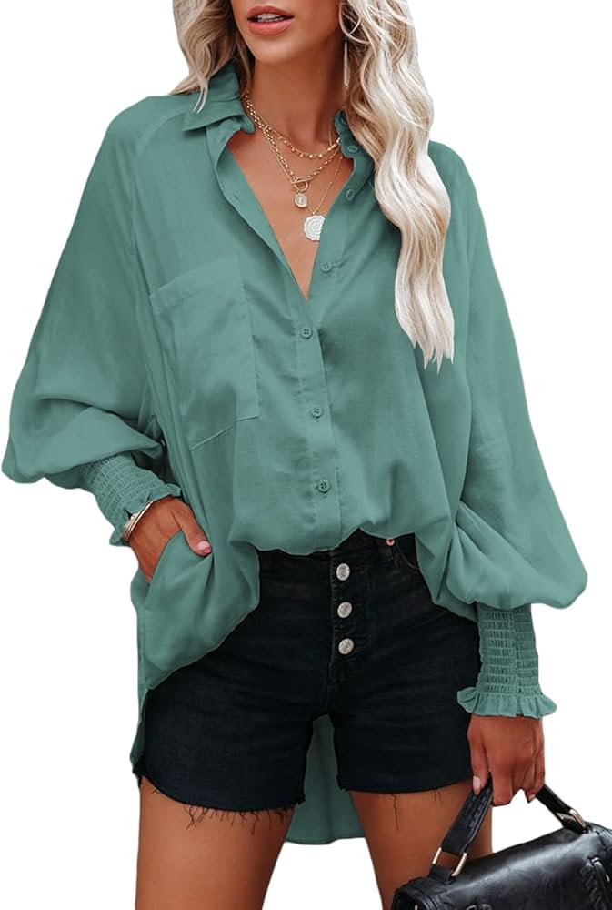 SHEWIN Womens Casual Long Sleeve Loose Blouses Tops Elastic Smocked Cuff Oversized Button-Down Sh... | Amazon (US)