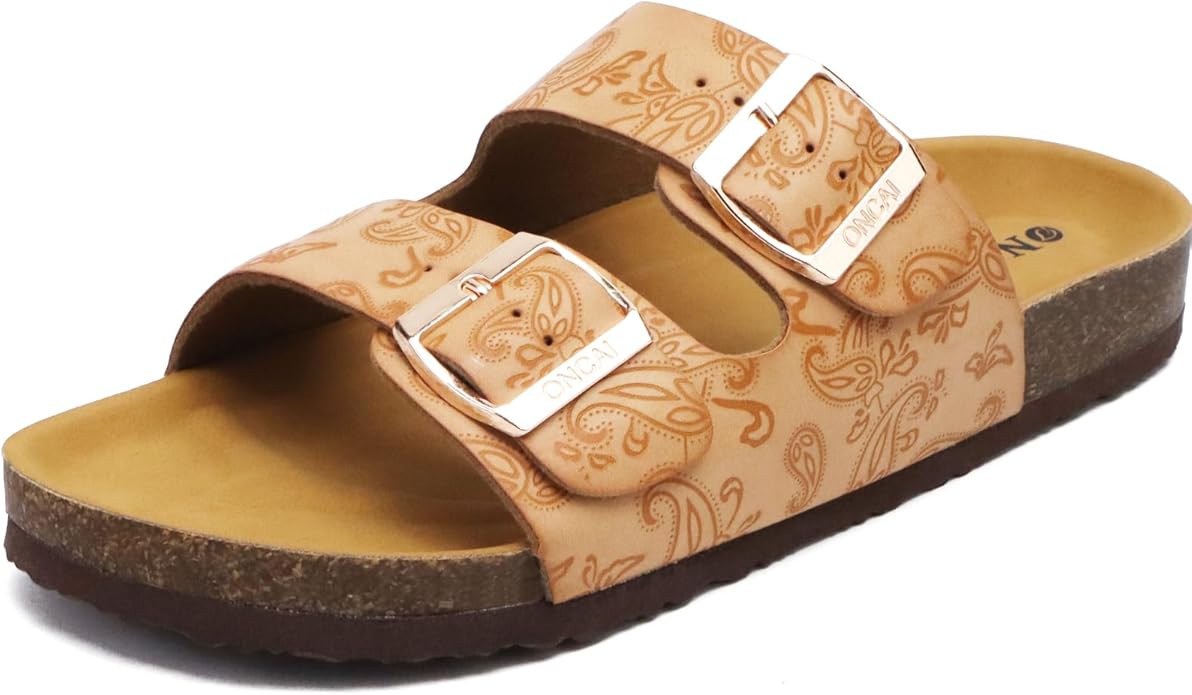 ONCAI Womens Flat Slide Sandals with Arch Support 2 Strap Adjustable Buckle Slip on Slides Shoes ... | Amazon (US)