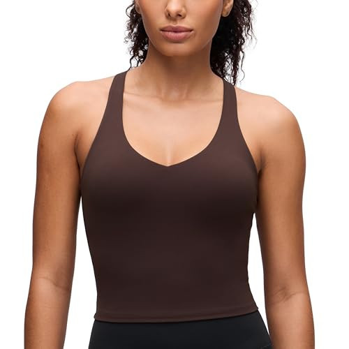 CRZ YOGA Butterluxe V Neck Crop Tank Tops for Women - Racerback Padded Yoga Longline Sports Bra Hot Fudge Brown Medium | Amazon (US)