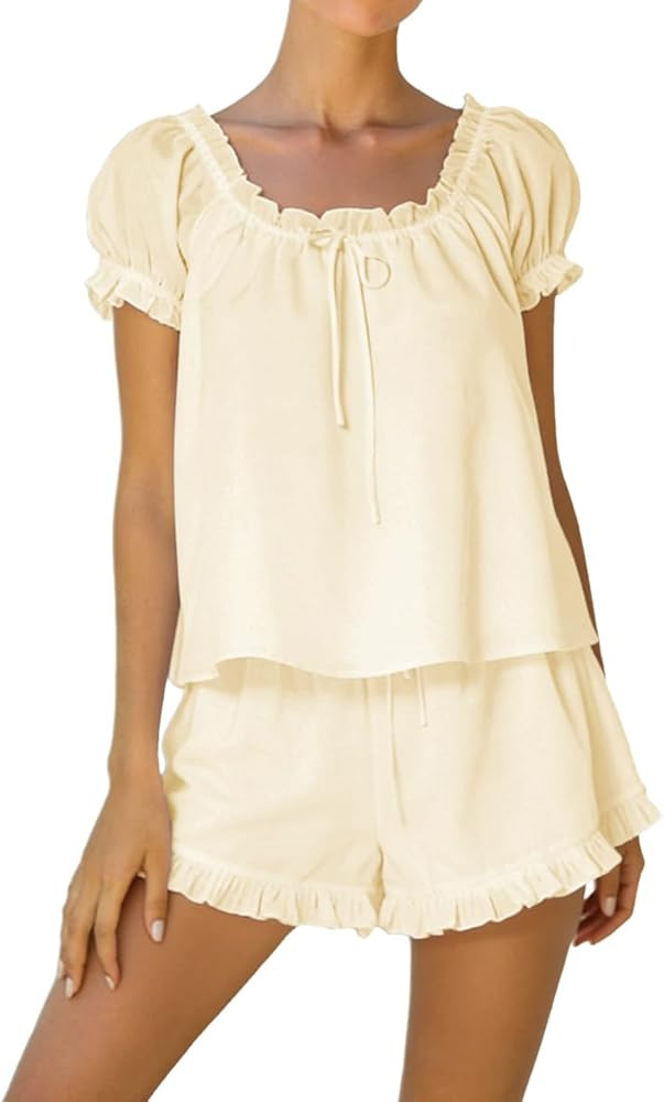 Womens Summer Ruffle Set 2 Piece Outfits Fashion Puff Short Sleeves Top and Shorts Cotton Pajamas... | Amazon (US)