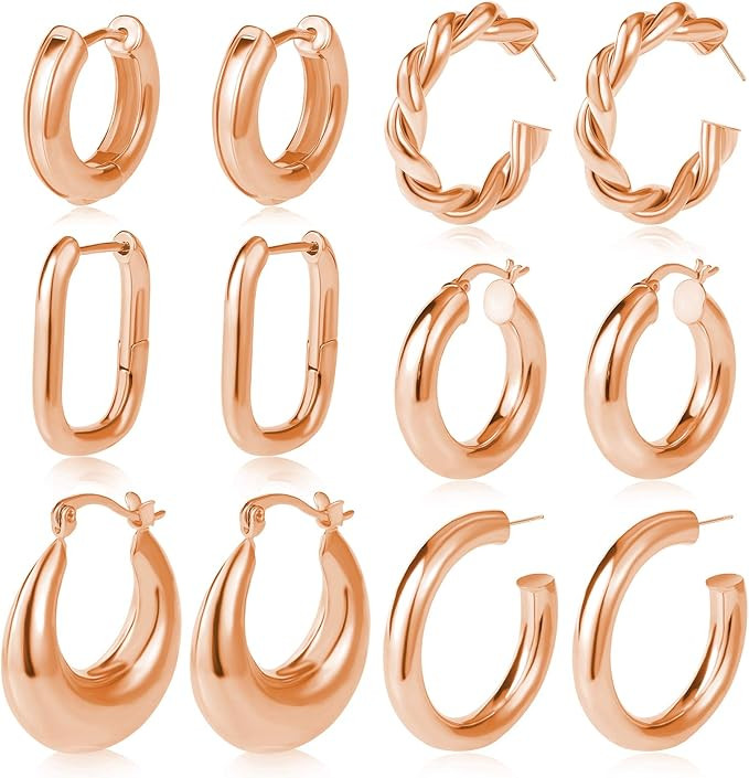6 Pairs Chunky Gold Hoop Earrings Set for Women 14K Gold Plated Hypoallergenic Thick Open Huggie ... | Amazon (US)