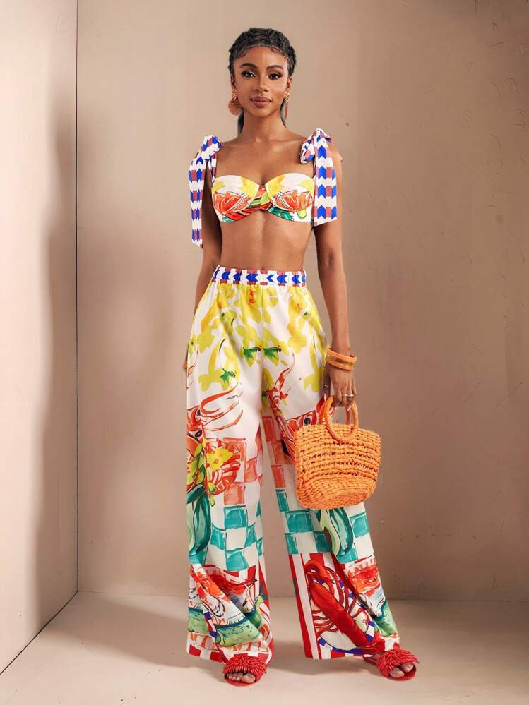 Slaydiva Beach New Spring And Summer Casual Holiday Bowknot Shoulder Straps Chest-Wrapped Heart Collar Cropped Top + Wide-Leg Super Trousers Full Of Underwater World Colorful Print Women's Two-Piece Set-B | SHEIN