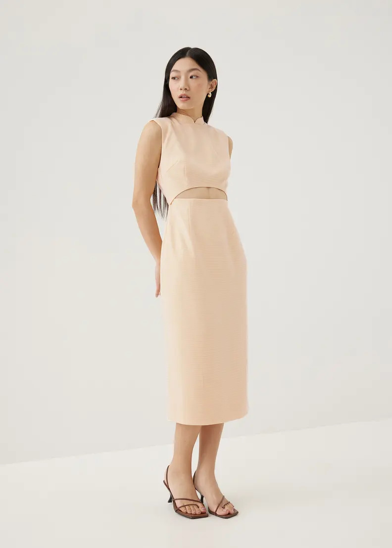 Agnes Shoulder Padded Tweed Mandarin Collar Midi Dress | Love, Bonito USA