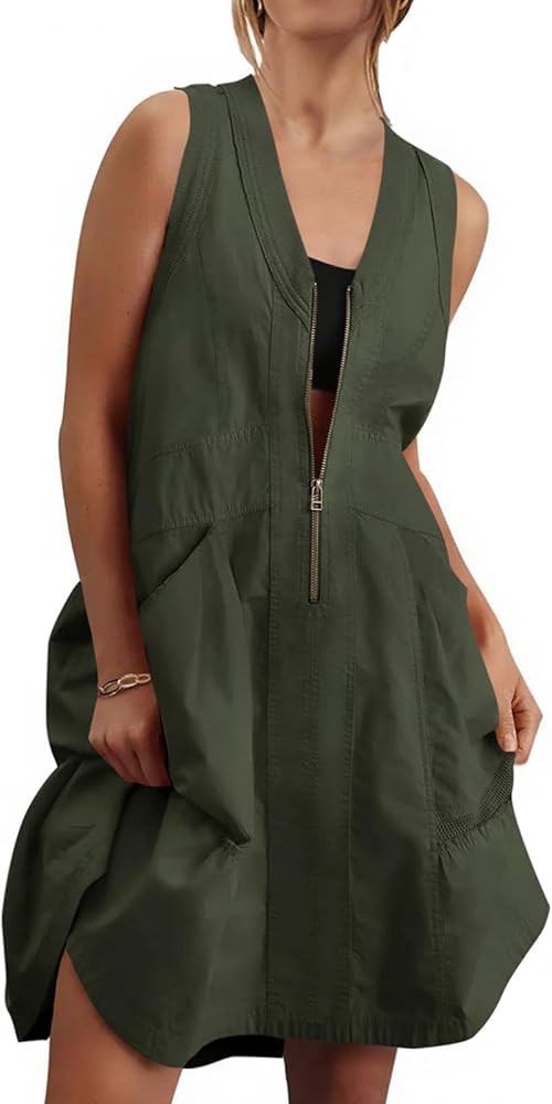 Fisoew Women's Sleeveless Tank Mini Dress Casual Half Zip V Neck Loose Mesh Back Utility Summer D... | Amazon (US)