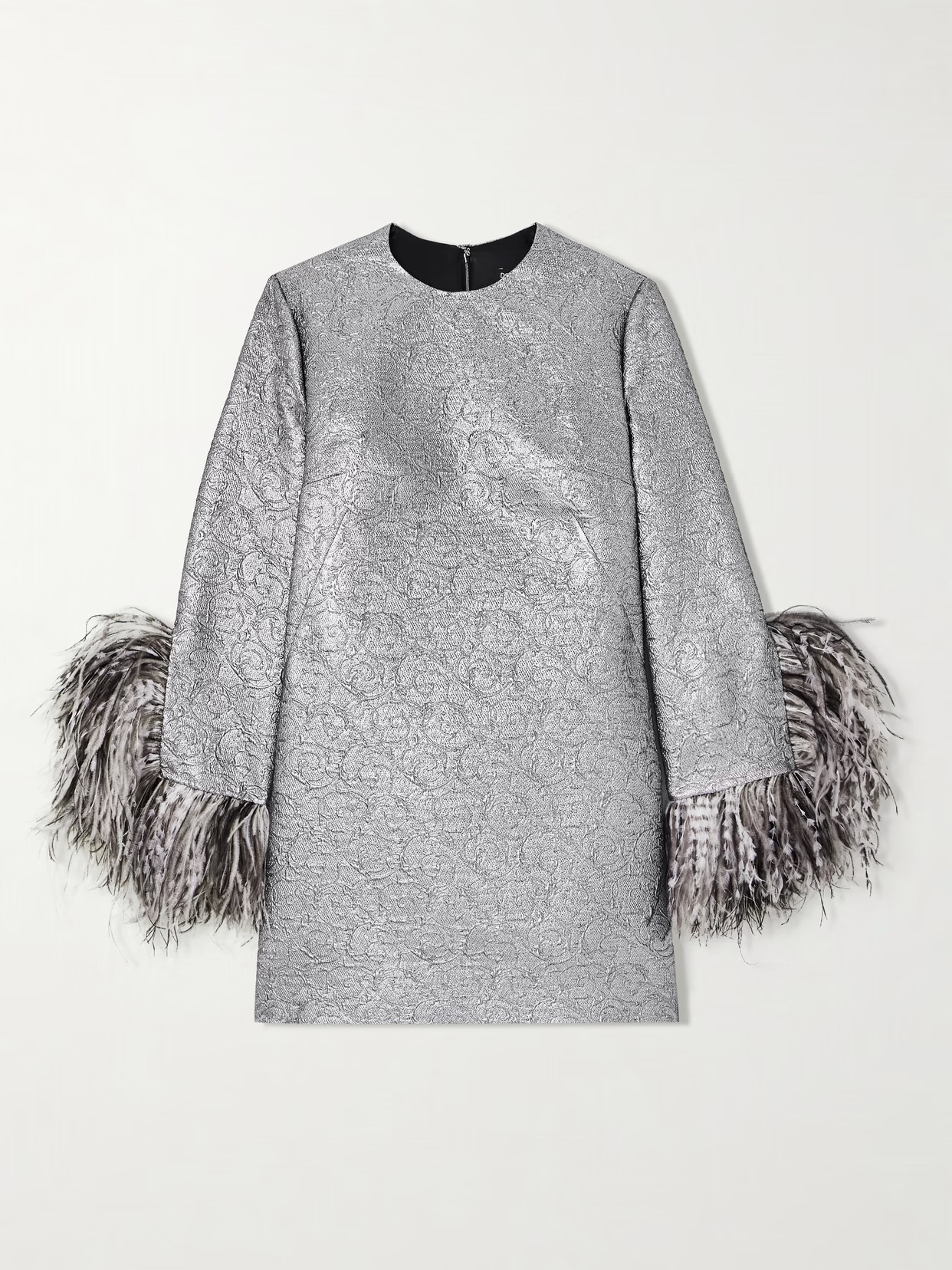 Dolce & Gabbana - Feather-trimmed Metallic Jacquard Mini Dress - Silver | NET-A-PORTER (US)