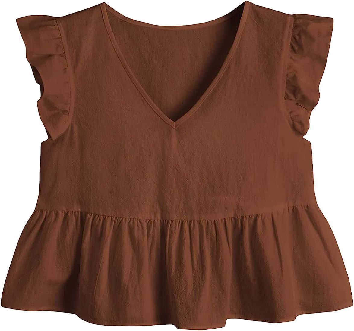 Verdusa Women's Casual V Neck Butterfly Sleeve Ruffle Hem Peplum Crop Blouse Shirt Top | Amazon (US)