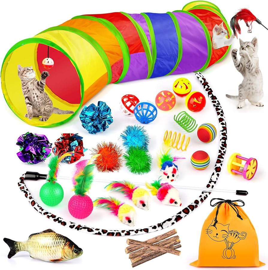 32 PCS Cat Toys Kitten Toys, Variety Catnip Toys with Rainbow Tunnel Interactive Cat Feather Teas... | Amazon (US)
