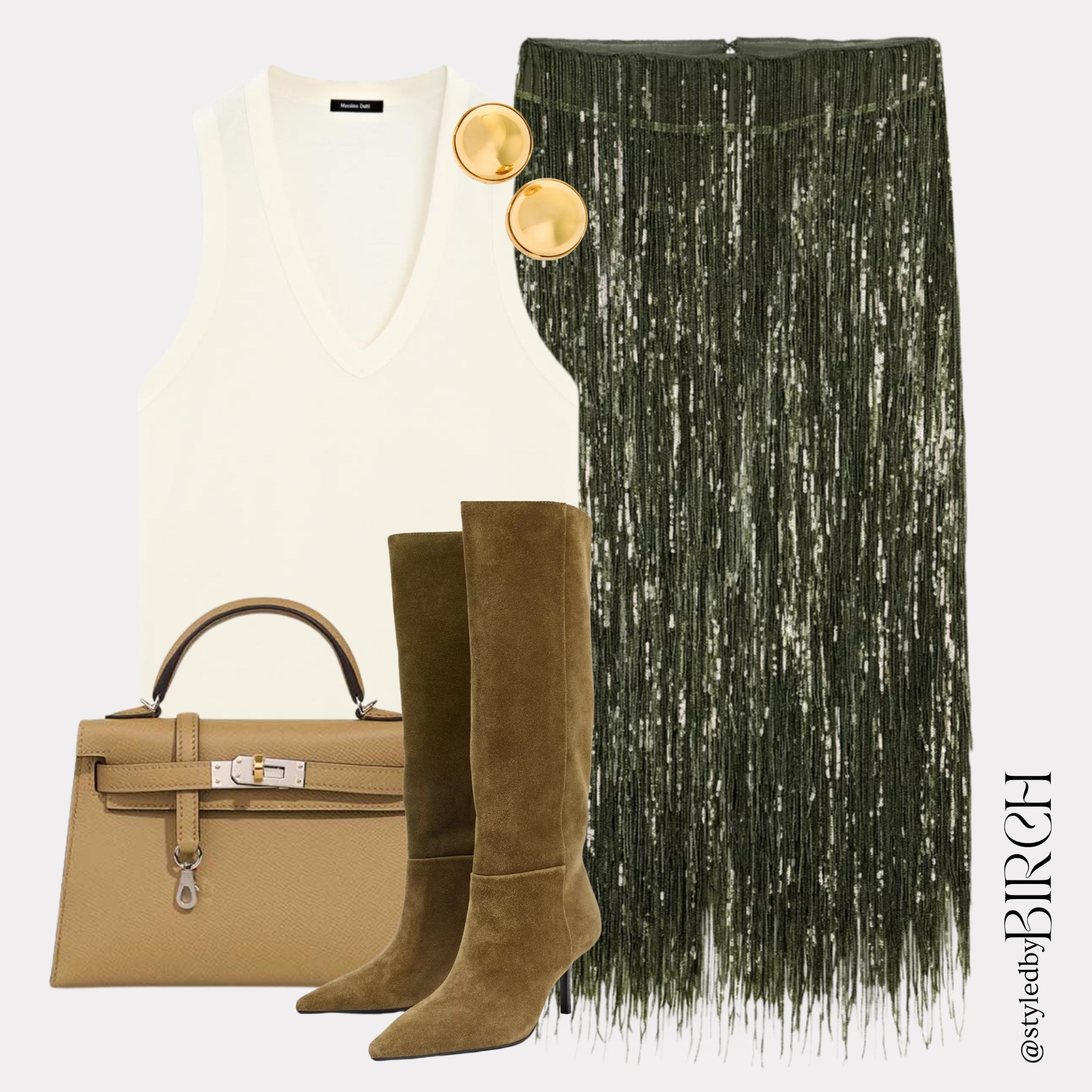 A chic festive season look that shows you how to be the centre of attention without much effort at all. Sequins, suede and soft neutrals… it does all the work for you. ✨

Cream V-Neck Sleeveless Knit Top
Olive Sequin Fringe Skirt
Olive Suede Knee-High Boots
Tan Structured Top-Handle Bag
Gold Round Stud Earrings

#LTKfestive #LTKwinter #LTKpartywear