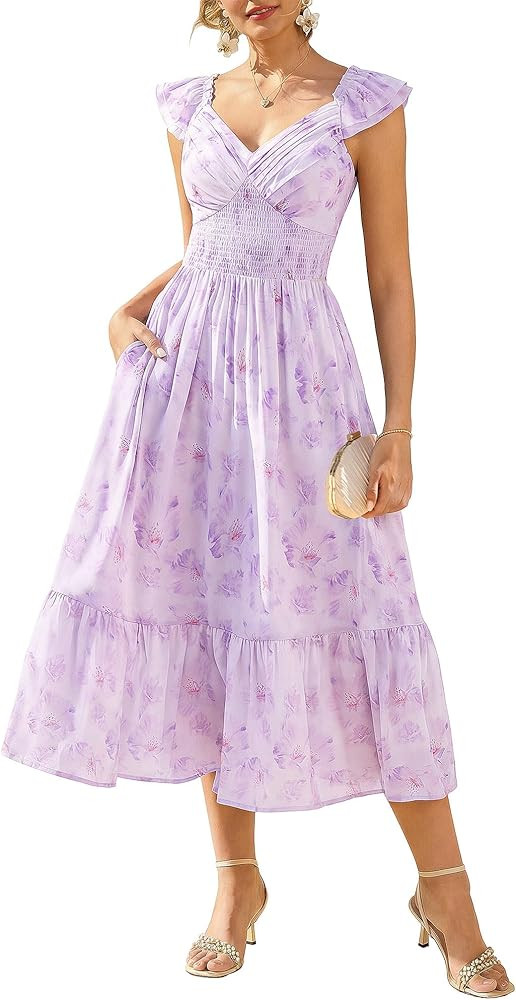 GRACE KARIN Women's Summer Floral Maxi Dress 2026 Ruffle Sleeve Smocked Sundress Flowy Wedding Gu... | Amazon (US)