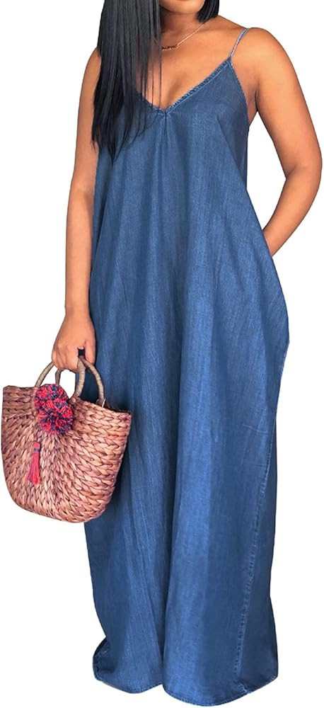 SeNight Women's Sexy Maxi Denim Dresses Casual Spaghetti Strap Striped Long Sundress Wiht Pockets | Amazon (US)