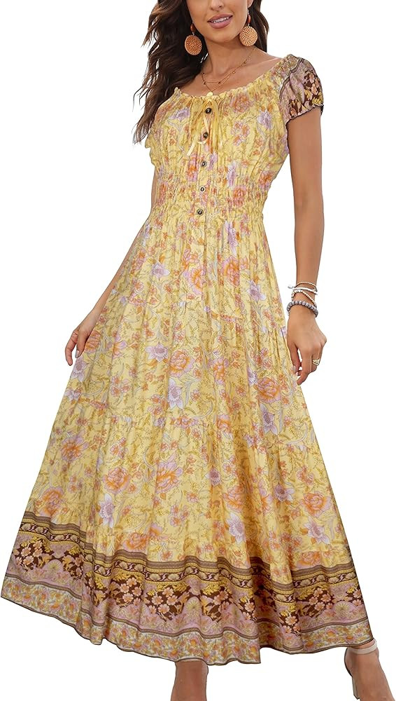 OSTOO Women's 2024 Summer Short Sleeves Boho Floral Print Tiered Casual Flowy Long Maxi Dress | Amazon (US)