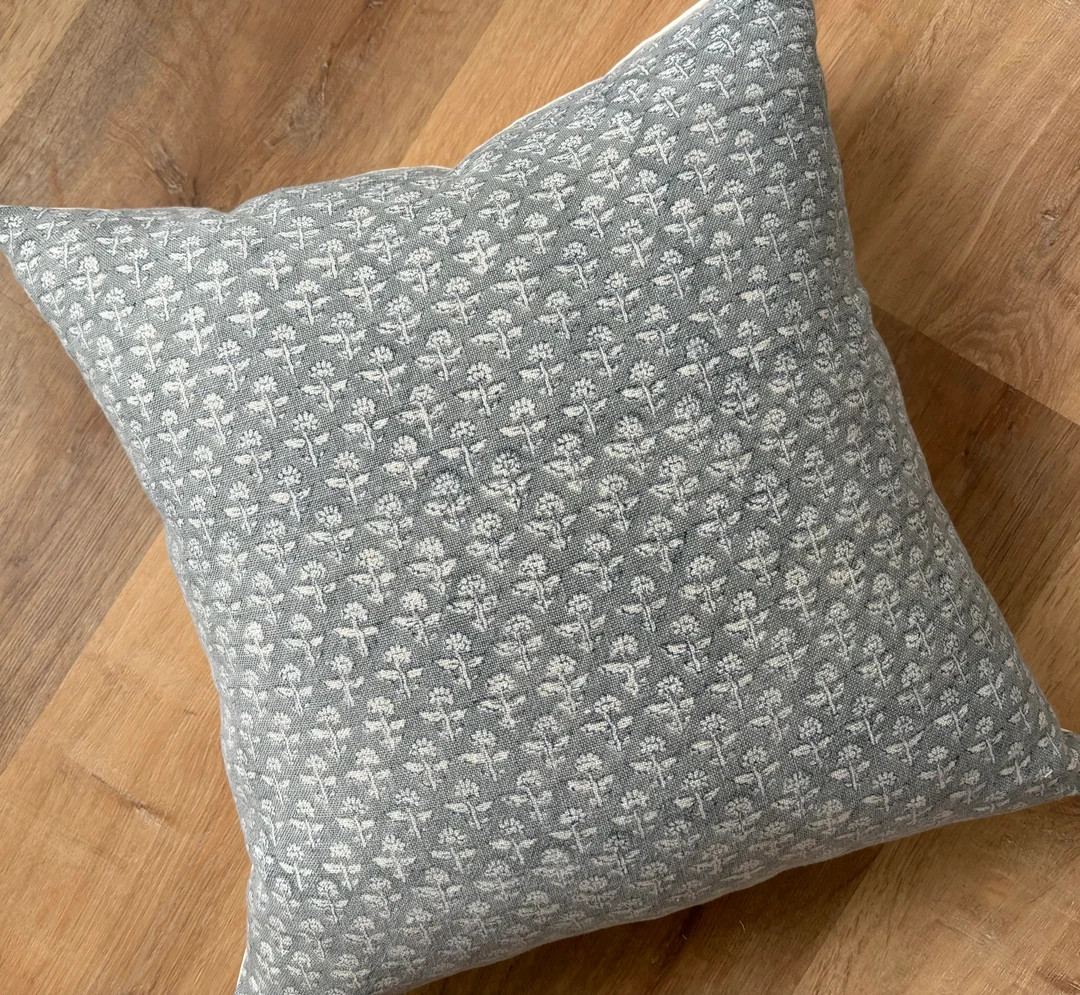 Hand Block Printed Pillow Cover | Designer-inspired Floral Linen | Soft Blue | Neutral Earth Tone... | Etsy (US)