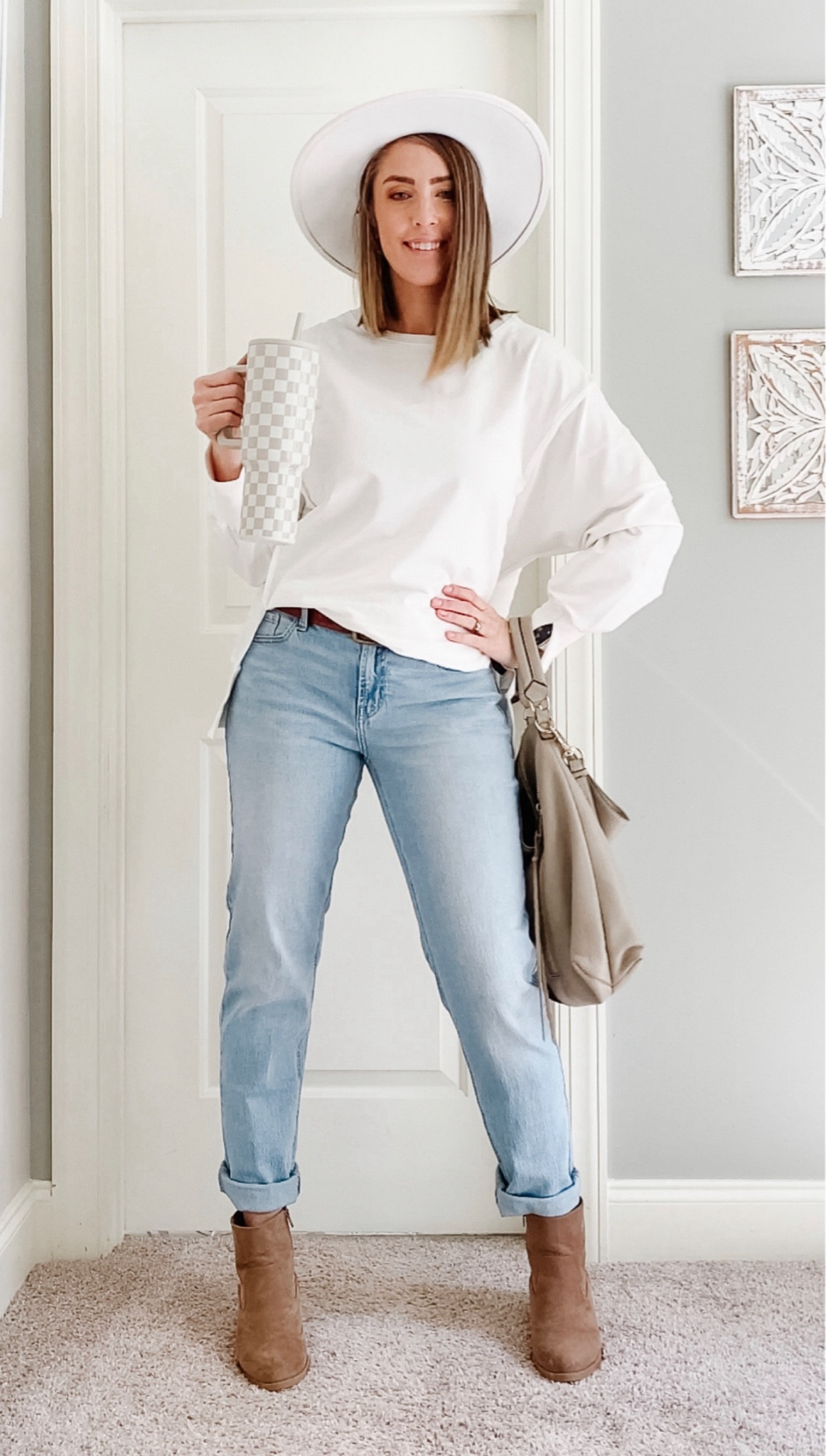 Comfy but make it chic! Dressed up my crewneck and jeans look with cute boots and my fave new tumbler cup! 

Did I mention this checkered simple modern timber cup is back in stock? It sells out super quick so grab yours now while you can! Also, these jeans are on major saalert

#LTKStyleTip #LTKSaleAlert #LTKHome
