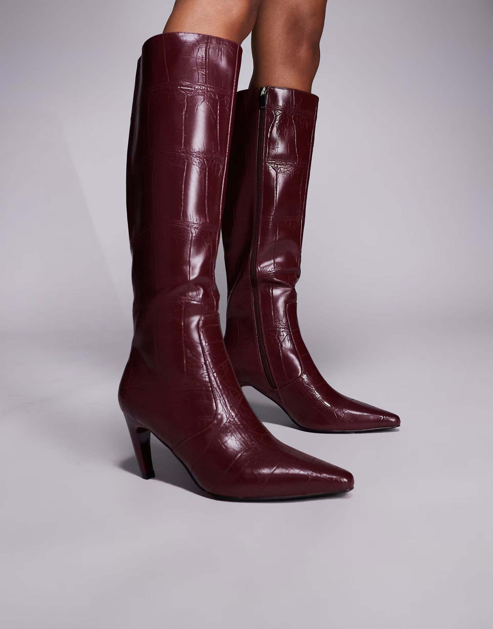 Simmi Lapis heeled knee boots in burgundy croc | ASOS | ASOS (Global)