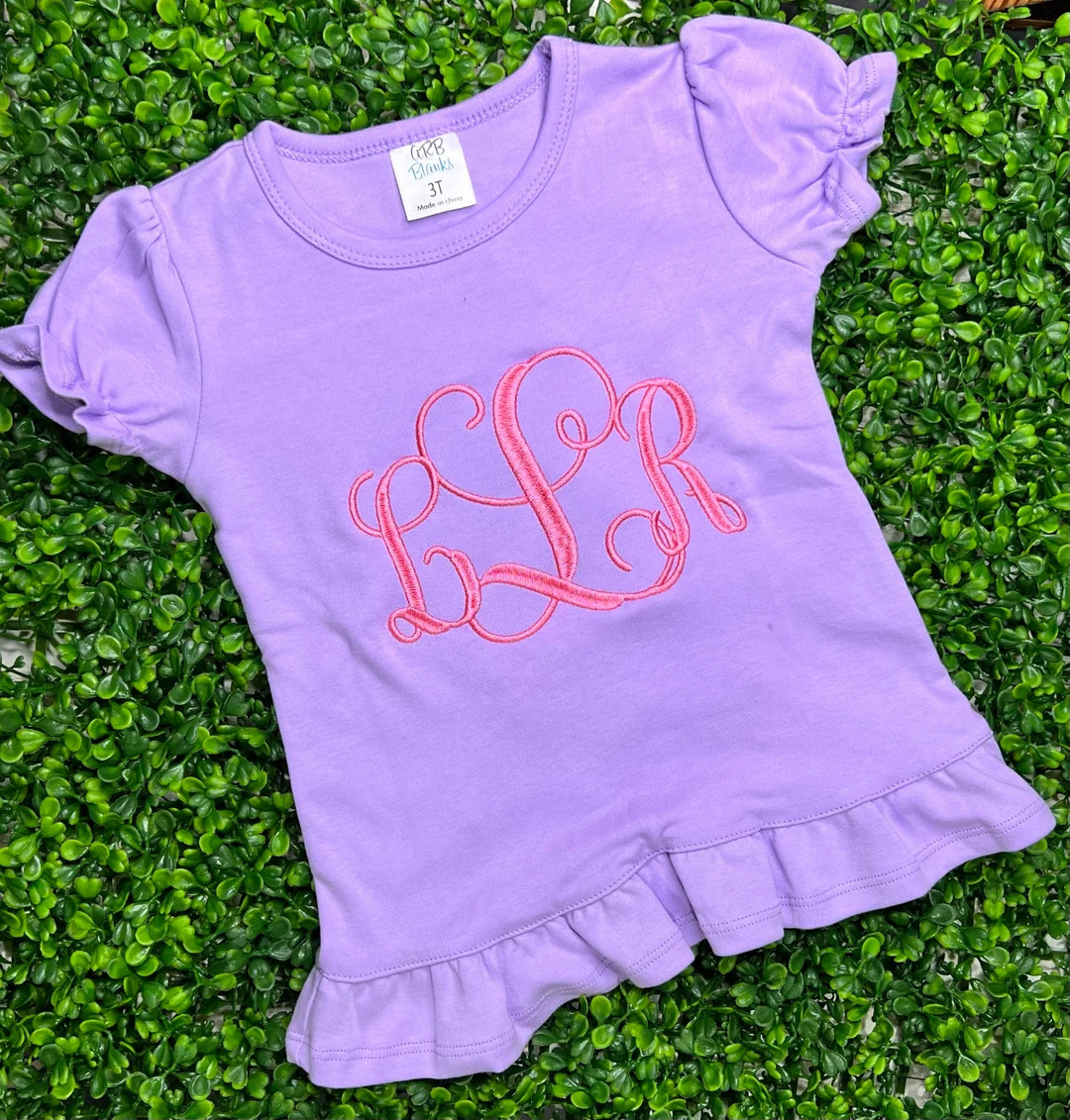 Monogram Ruffle Shirt/Monogram Puff Sleeve Shirt/Monogram Girl Shirt/Personalized Ruffle Shirt/ P... | Etsy (US)