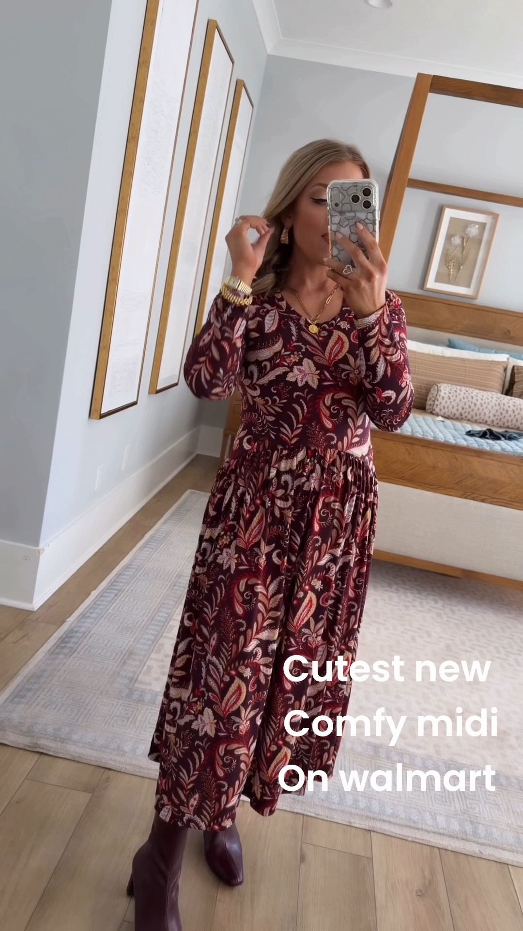 This color combo!! 😍🍷 Another gorgeous new Walmart fashion find for fall! This burgundy printed midi dress is so pretty on its own, but I love it even more layered with an oversized denim jacket and burgundy boots. Such an easy outfit for church, family photos, Thanksgiving + all of your fall plans! 🍂✨

#walmartfashion #walmartfinds #walmartstyle #walmartdress #mididress #fallfashion #falloutfit #affordablefashion #denimjacket #womensfashion