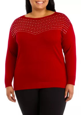 AK Anne Klein Women's Plus Size Boat Neck Rhinestone Sweater, Red, 1X | Belk