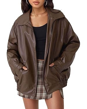 AUTOMET Chaqueta de piel sintética de gran tamaño para mujer, abrigo estilo motocicleta de oto... | Amazon (US)