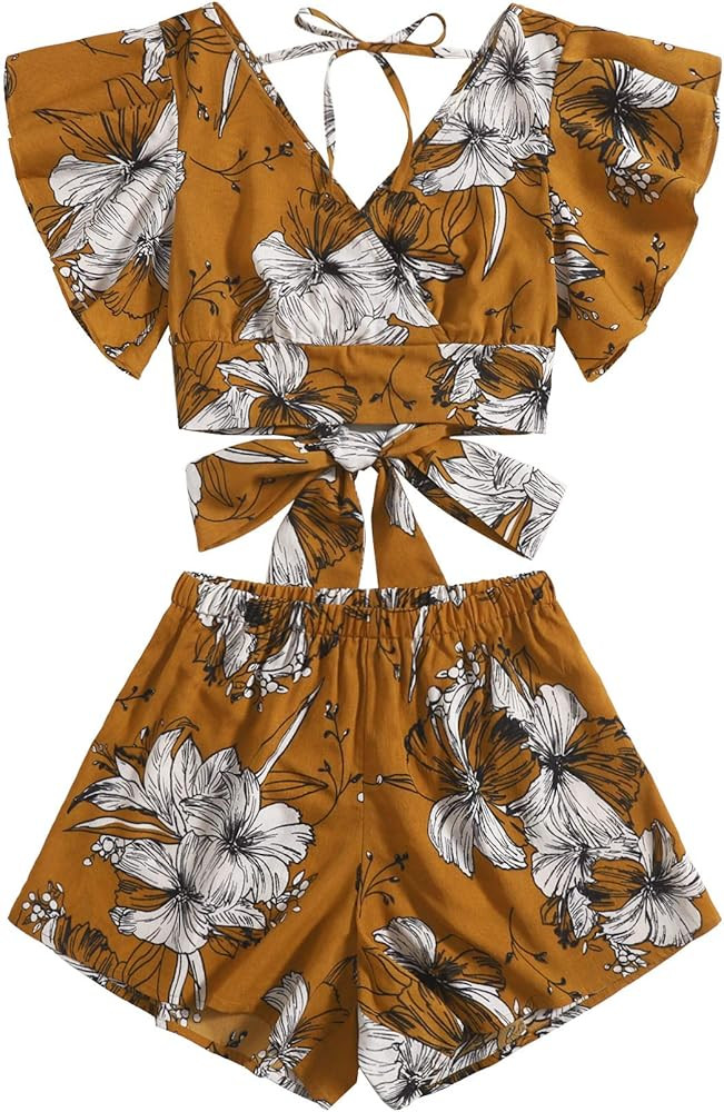 SweatyRocks Women's 2 Piece Boho Butterfly Sleeve Knot Front Crop Top with Shorts Set | Amazon (US)