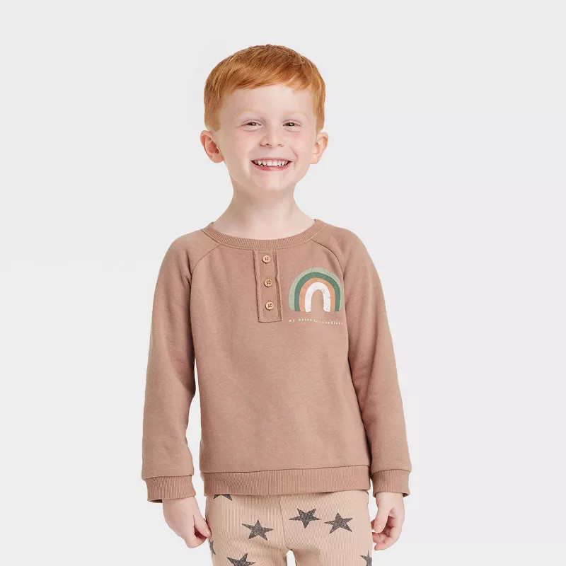Grayson Collective Toddler Henley Fleece Crewneck Sweatshirt - Brown | Target