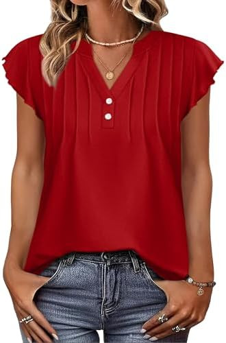 OFEEFAN Summer Tops for Women Button Down Blouses for Women Dressy Casual V Neck T Shirts Ruffle ... | Amazon (US)