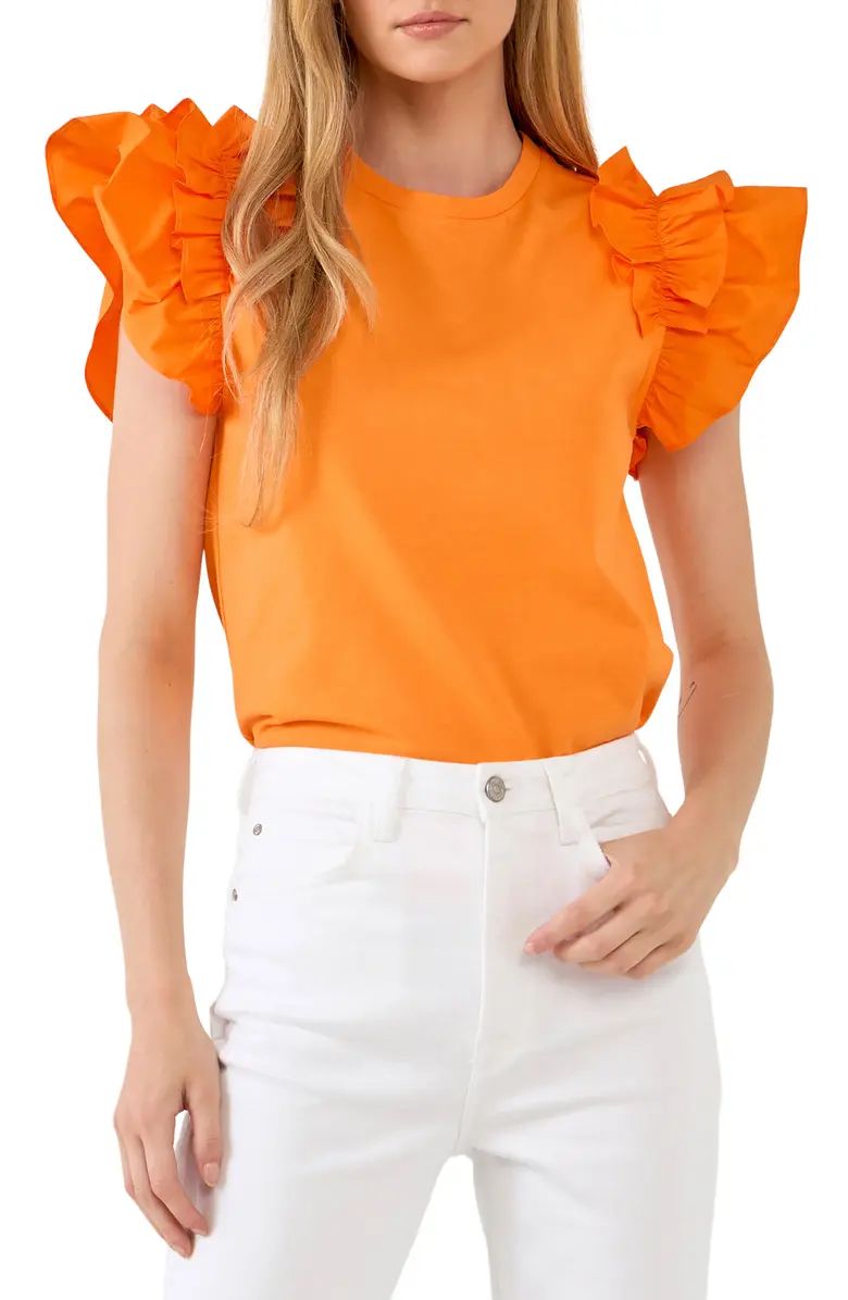 English Factory Ruffle Sleeve Mix Media Cotton Top | Nordstrom | Nordstrom