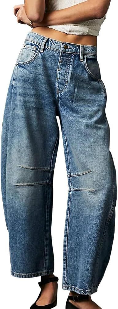 Barrel Jeans Women,Mid Rise Barrel Jeans for Women Wide Leg Loose Y2K Boyfriend Baggy Jeans Cropp... | Amazon (US)