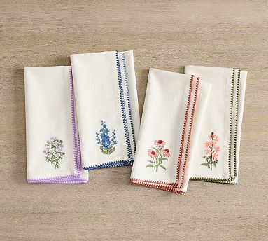 Botanical Embroidered Cotton/Linen Napkins - Mixed Set of 4 | Pottery Barn (US)