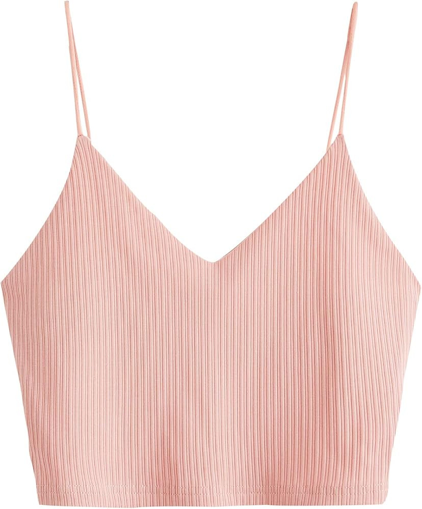 SheIn Women's Casual V Neck Sleeveless Ribbed Knit Cami Crop Top Deep Black Small at Amazon Women... | Amazon (US)