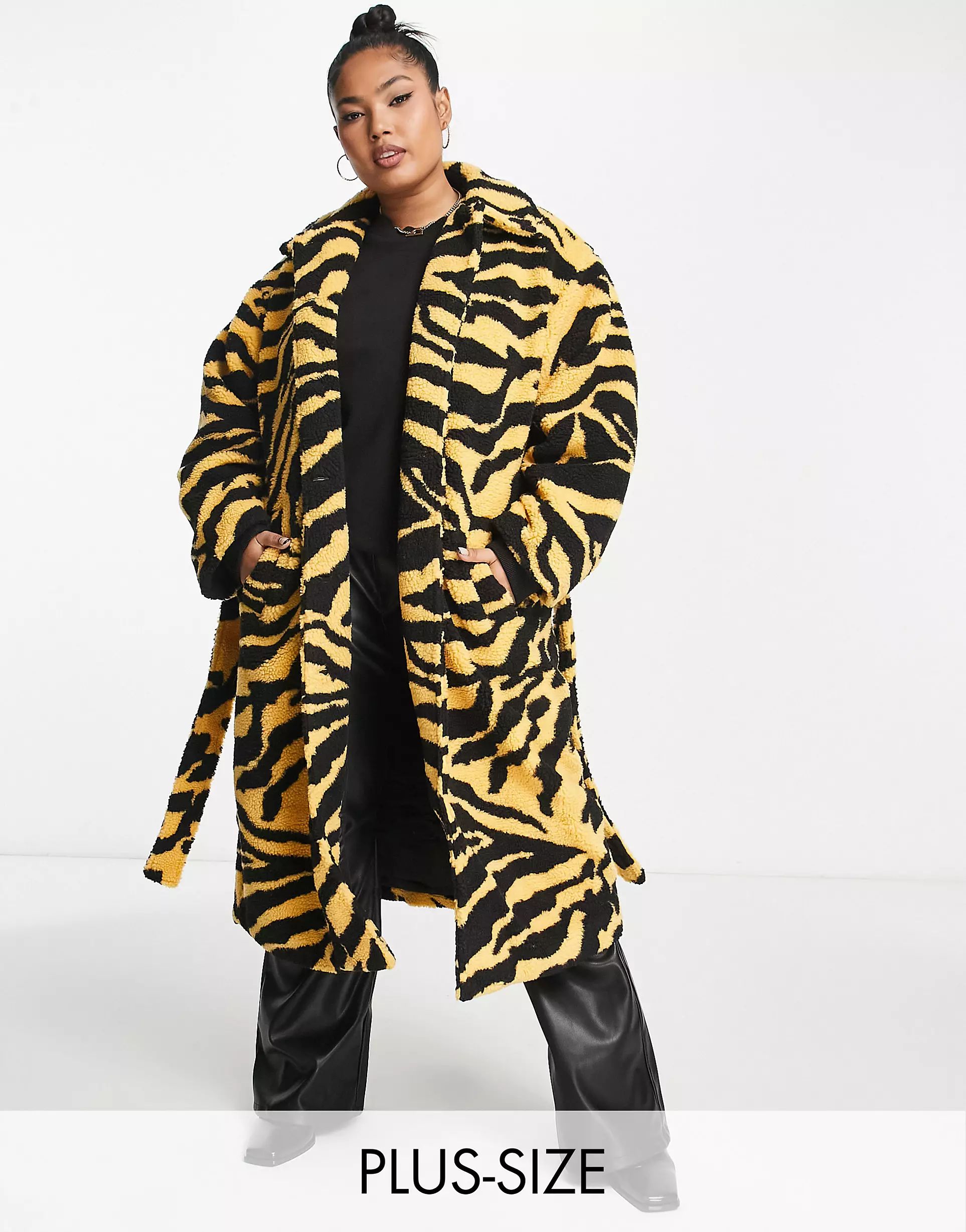 Pieces Curve exclusive longline belted teddy coat in yellow tiger print | ASOS (Global)