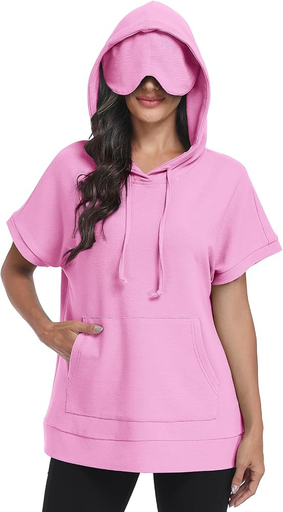 Kimmery Travel Hoodie with Eye Mask Women Short Sleeve Oversized Sweatshirt Pullover with Pocket ... | Amazon (US)
