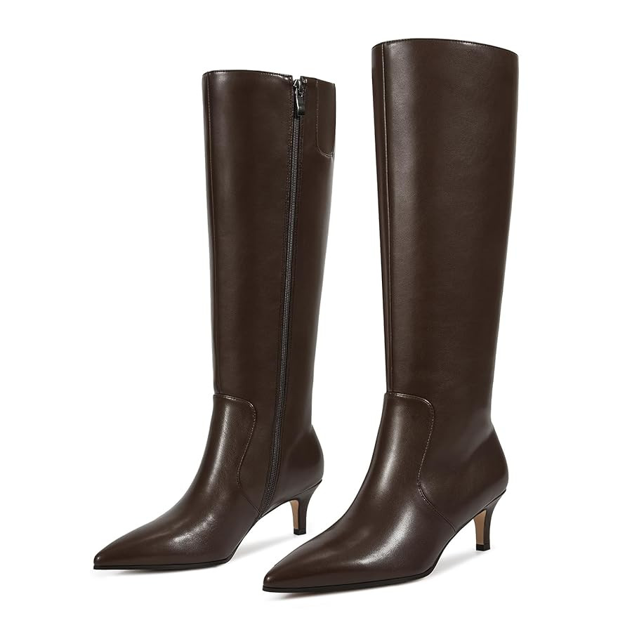 wetkiss Low Kitten Heel Women Knee High Boots Regular Calf Friendly Pointed Toe Faux Leather Comf... | Amazon (US)