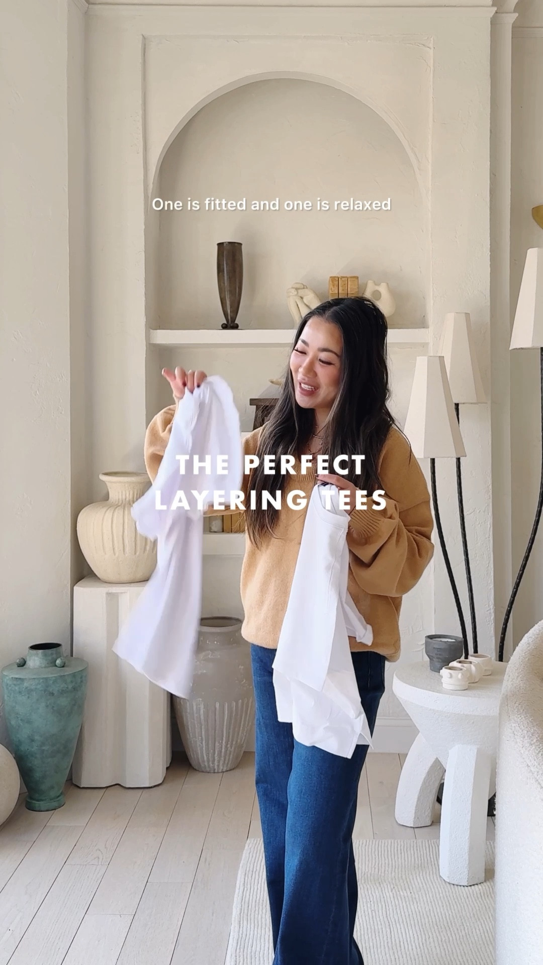 The perfect layering tee!

OLD NAVY: 100% cotton, breathable, relaxed fit, perfect as a layering tee or worn alone. I’m wearing an XS.

7DIAMONDS: Neckline is more secure (it doesn’t move around when under sweaters). I’m wearing an XS.

QUINCE SWEATERS: 100% cashmere. One of my favorite sweaters with a beautiful drape. I’m wearing an XS.

QUINCE JEANS: same jeans, different washes, midsection and petite friendly. I’m wearing a 26 x 30. Lighter wash ‘Frosted Blue’, darker wash ‘Midnight Blue.’ 

#LTKSaleAlert #LTKPetite #LTKFindsUnder50