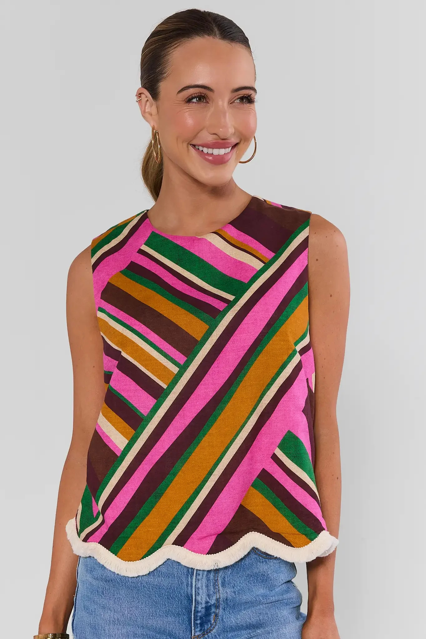 Gabby Multi Striped Fringe Trim Tank Top | Avara