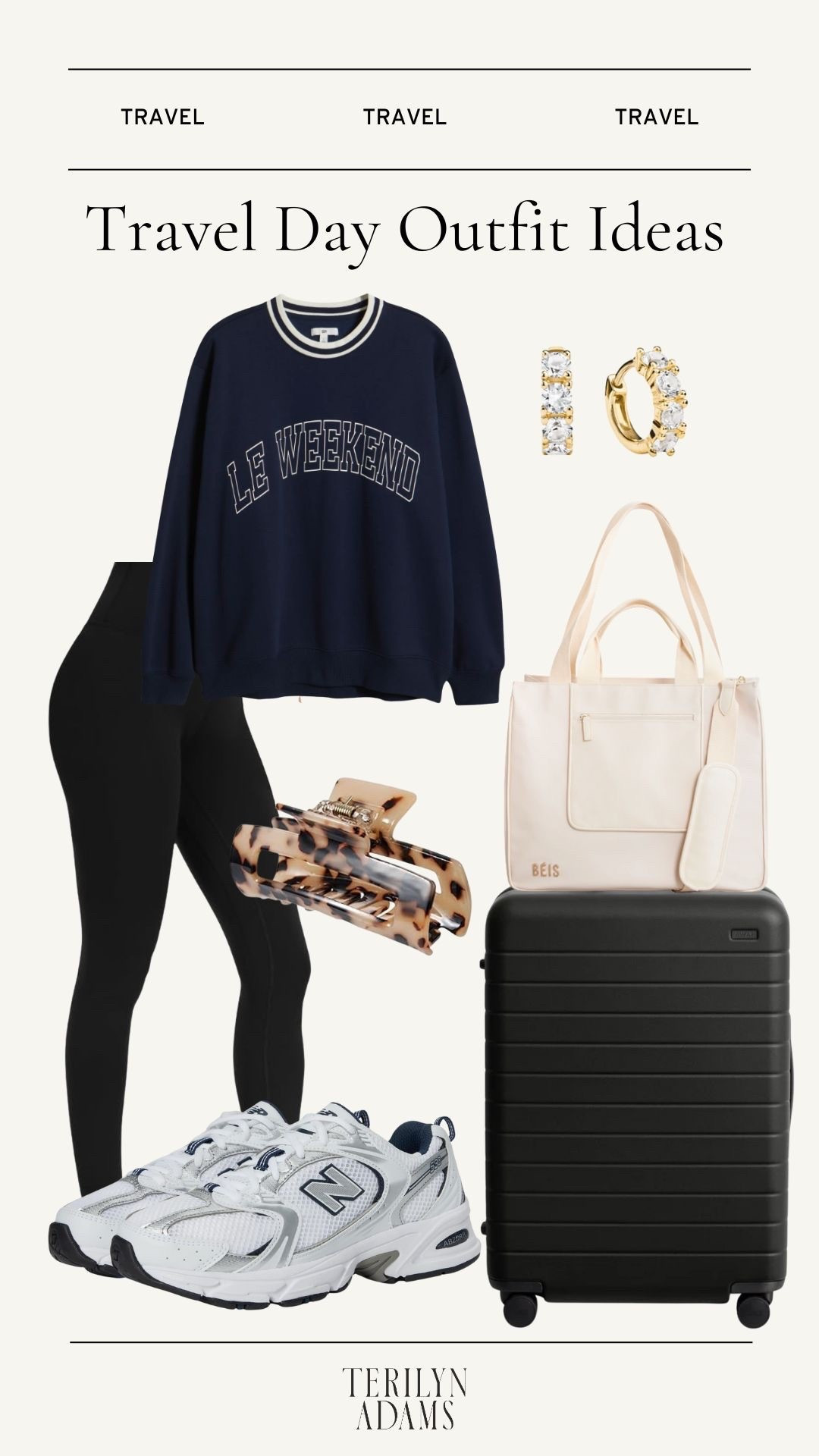 Travel outfit ideas
Graphic crewneck 
Leggings 
Travel bag and suitcase 
Mini diamond hoop earrings 
New balance sneakers
Claw clip 

#LTKTravel #LTKootd