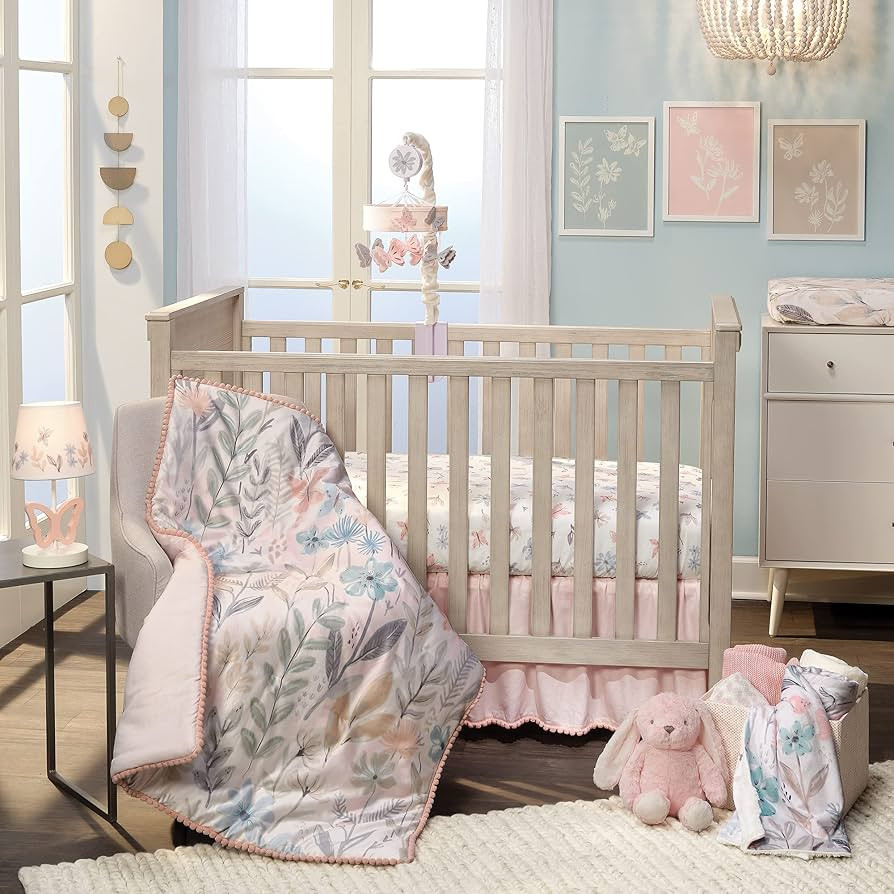 Lambs & Ivy Baby Blooms 3-Piece Pink Floral/Butterfly Baby Crib Bedding Set | Amazon (US)