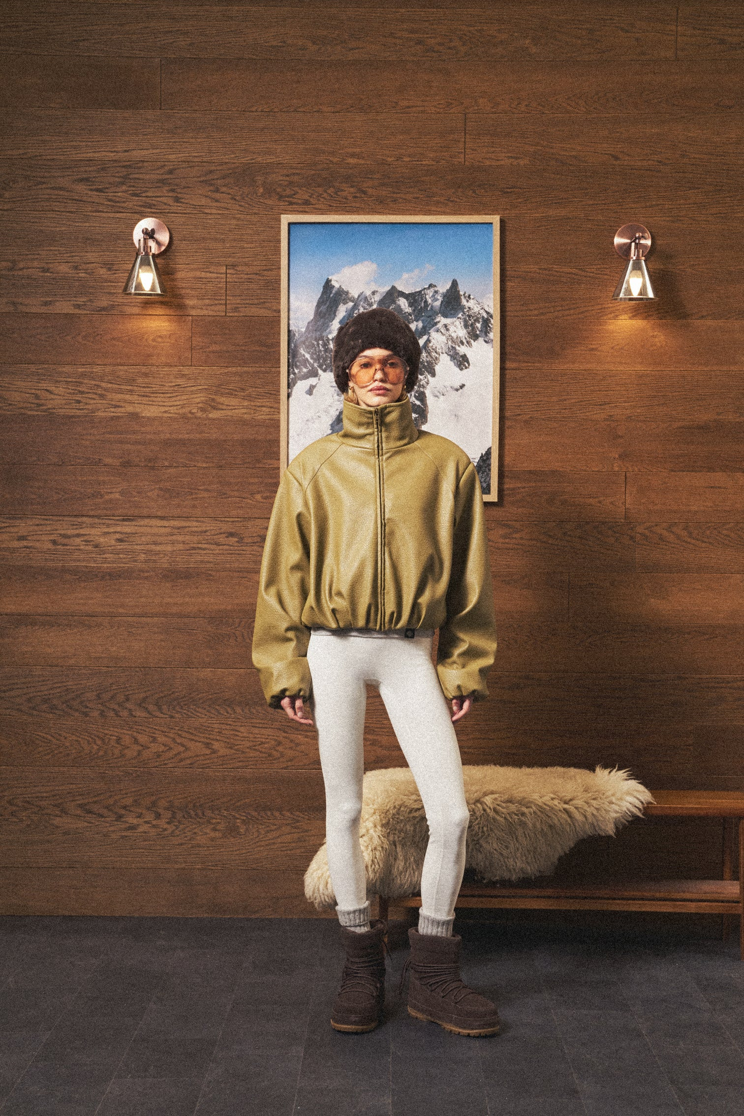 FUNNEL NECK BALLOON HEM FAUX LEATHER JACKET - OLIVE | The Couture Club