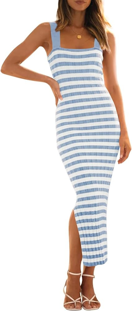 MEROKEETY Womens Summer Striped Bodycon Ribbed Knit Midi Sweater Dress 2026 | Amazon (US)