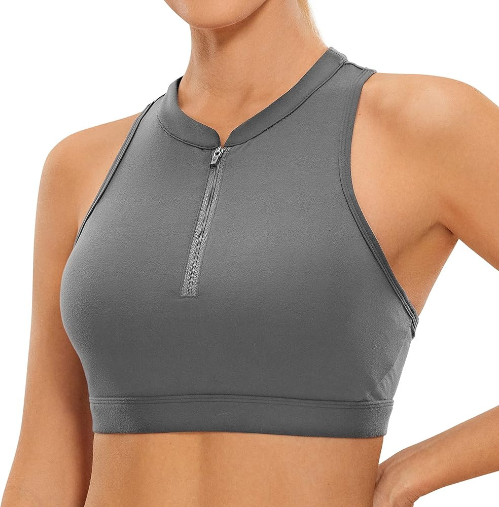 CRZ YOGA Womens High Neck Front Zip Sports Bra - Full Coverage Sports Bra Padded Racerback Workout S | Amazon (US)