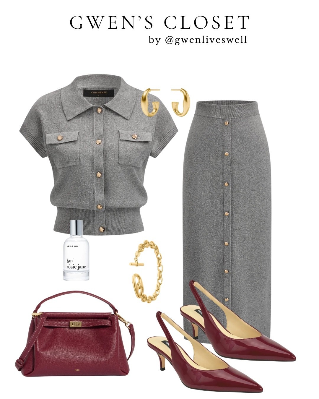 Grey is everywhere this season, and I especially love it paired with a rich burgundy. 🍷 

This knit top and coordinating midi skirt from @Commense create such an easy, polished look, and the gold buttons give the set just enough detail. I added burgundy slingbacks and a matching bag for a little fall color, along with simple gold jewelry and fragrance. Feminine, classic and so easy to wear.

Enjoy 12% off Commense sitewide with code GWENLIVESWELL_12

#commense #fallstyles #greylooks

#LTKootd #LTKgrwm #LTKSeasonal