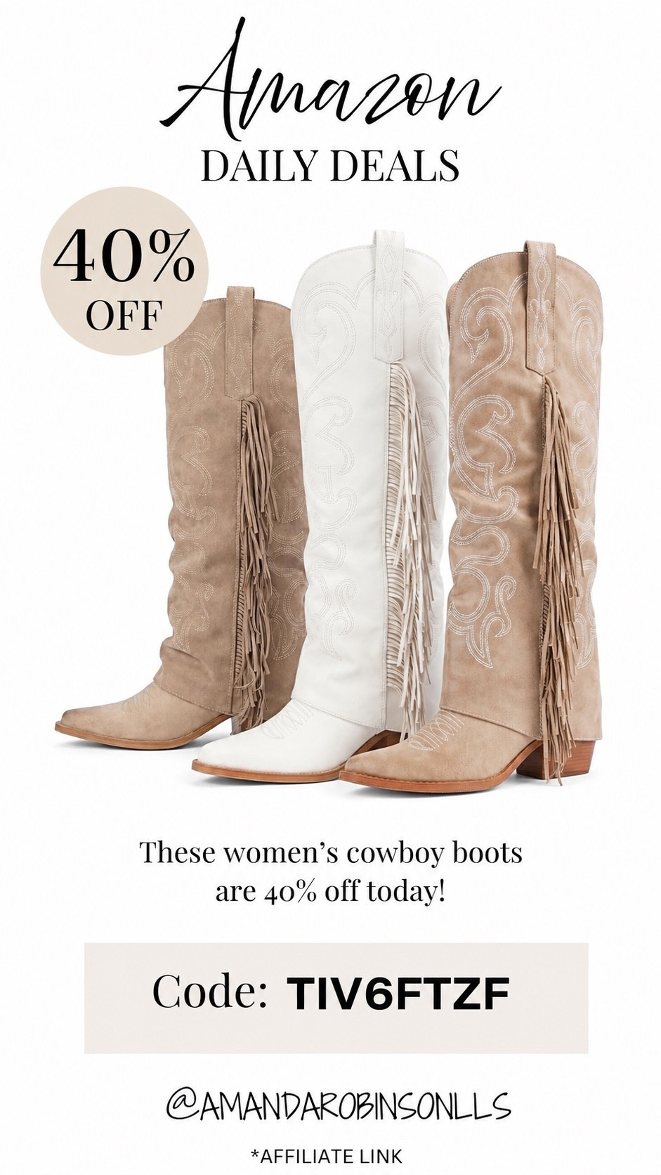 Amazon daily deals
Women’s knee high cowboy boots

#LTKSaleAlert