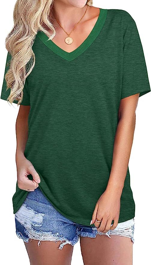 Saloogoe V Neck T Shirts for Women Summer Tops Loose Fit Short Sleeve Shirts | Amazon (US)